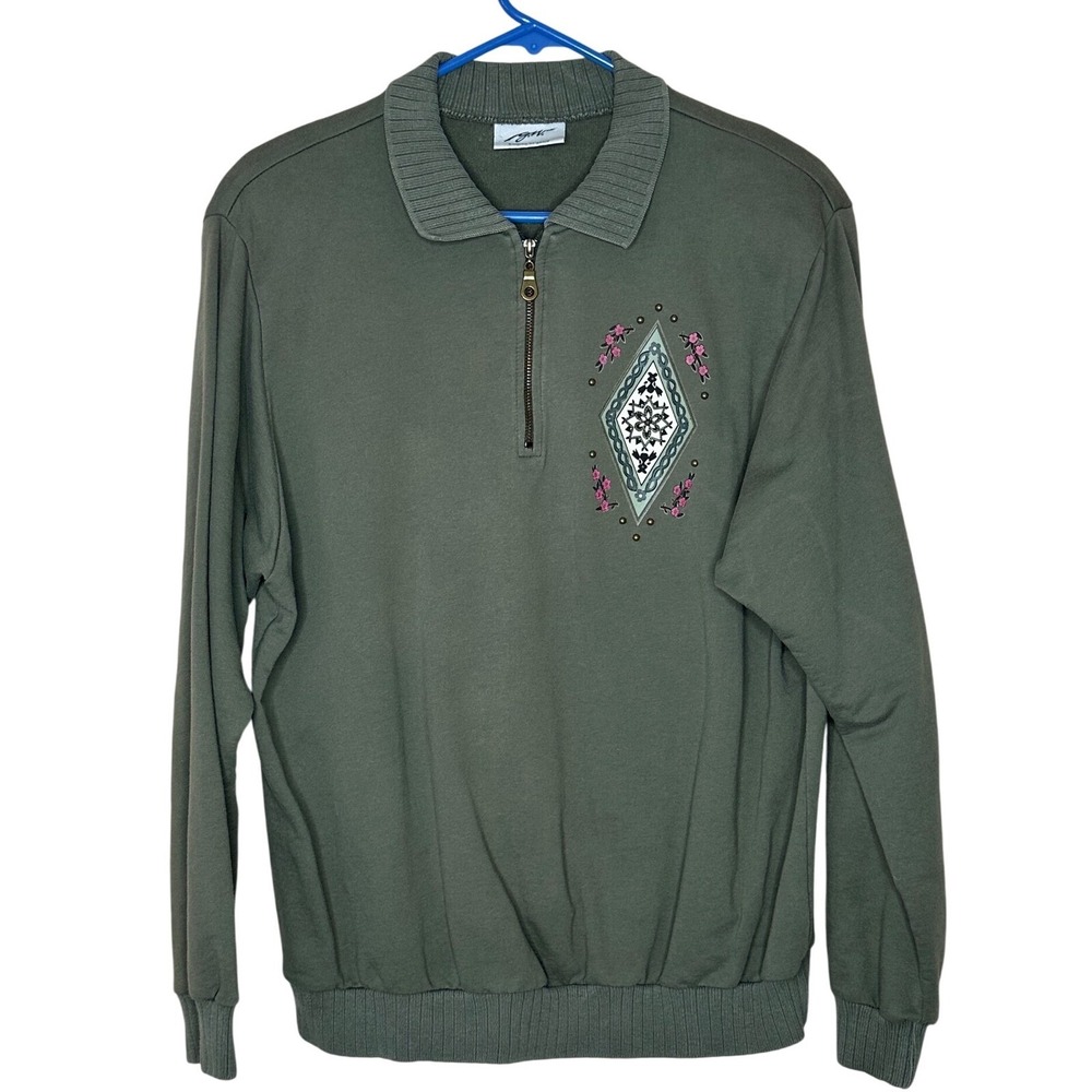Vintage G.W. Division of Graff Olive Green Quarter Zip Floral Stud Sweatshirt